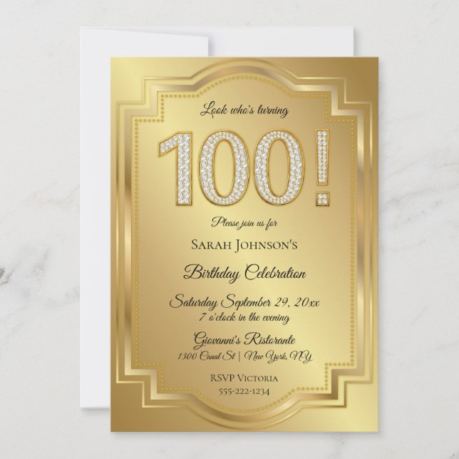 Gold & Diamanten zum 100. Geburtstag Einladung (Vorderseite)