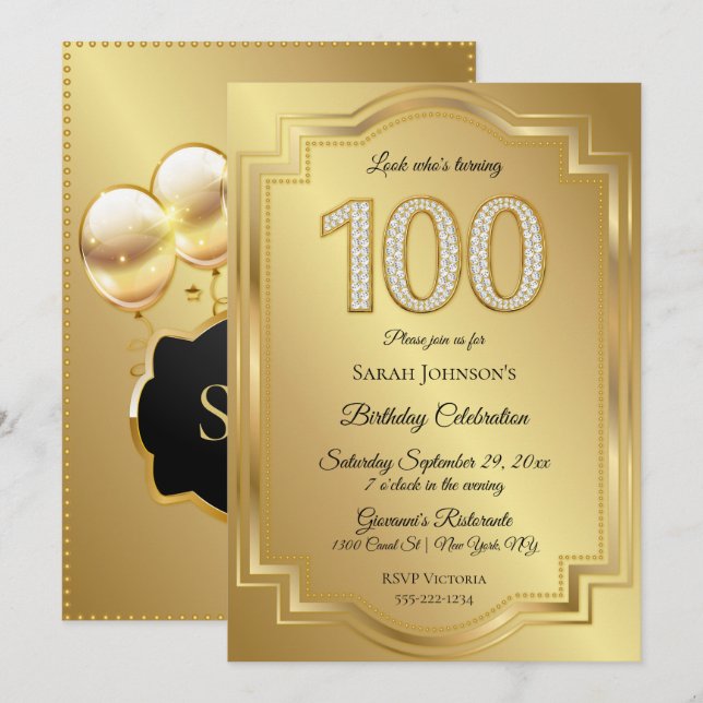 Gold & Diamanten zum 100. Geburtstag Einladung (Vorne/Hinten)