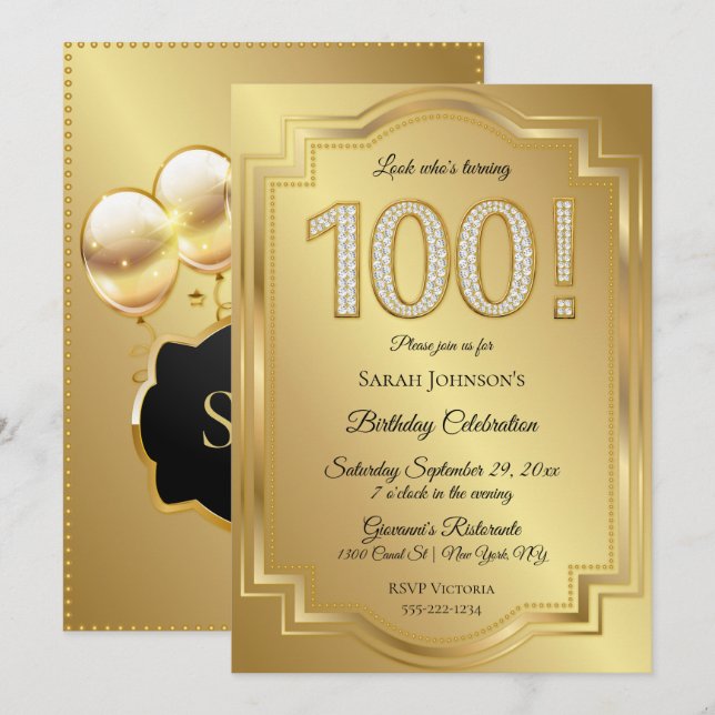 Gold & Diamanten zum 100. Geburtstag Einladung (Vorne/Hinten)