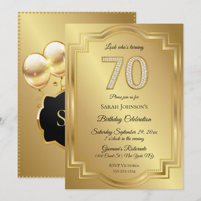 Gold & Diamanten zum 70. Geburtstag Einladung (Vorne/Hinten)