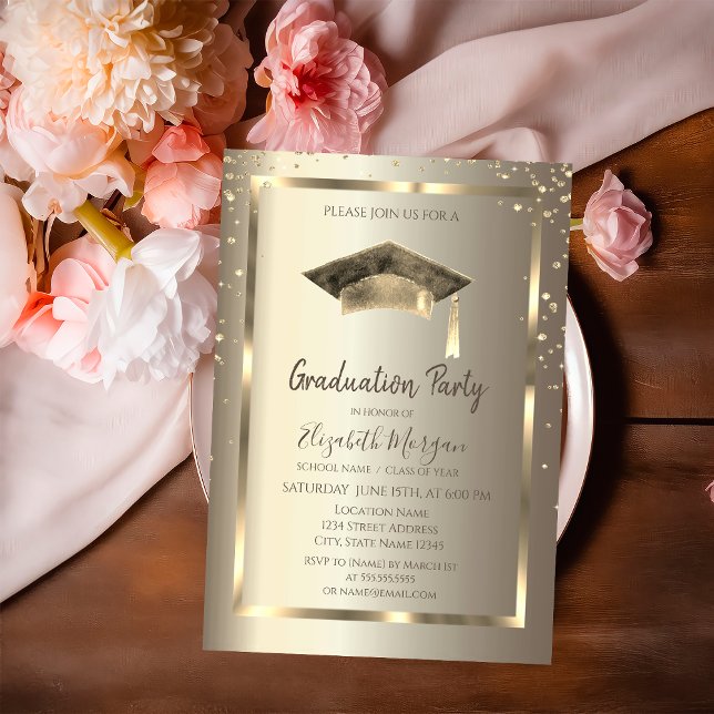 Gold Diamantrahmen, Watercolor Grad Cap Gold Einladung (Von Creator hochgeladen)