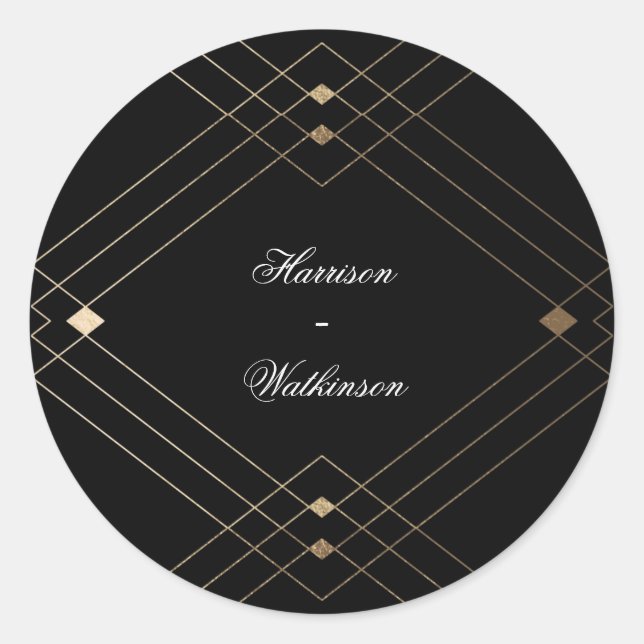 Gold Diamond Black Geometric Deko Gatsby Wedding Runder Aufkleber (Vorderseite)