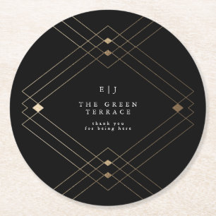 Gold Diamond Black Geometric Deko Gatsby Wedding Runder Pappuntersetzer