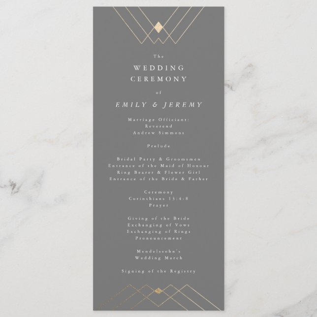 Gold Diamond Gray Geometric Deko Gatsby Wedding Programm (Vorderseite)