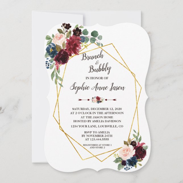 Gold Diamond Merlot Navy Blue Floral Brautparty Einladung (Vorderseite)