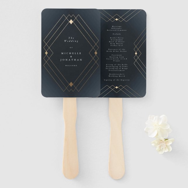 Gold Diamond Navy Geometric Deko Gatsby Wedding Fächer (Vorne und Hinten)
