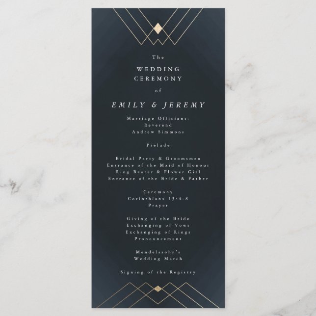 Gold Diamond Navy Geometric Deko Gatsby Wedding Programm (Vorderseite)