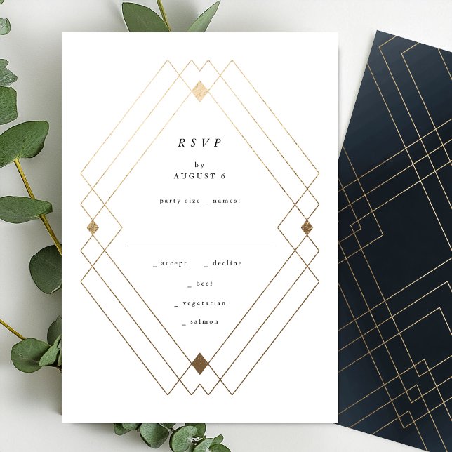 Gold Diamond Navy Geometric Deko Gatsby Wedding RSVP Karte (Von Creator hochgeladen)