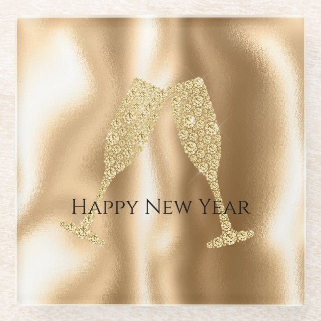 Gold Diamond Sparkle Champagne Glasses New Year's Glasuntersetzer (Vorderseite)
