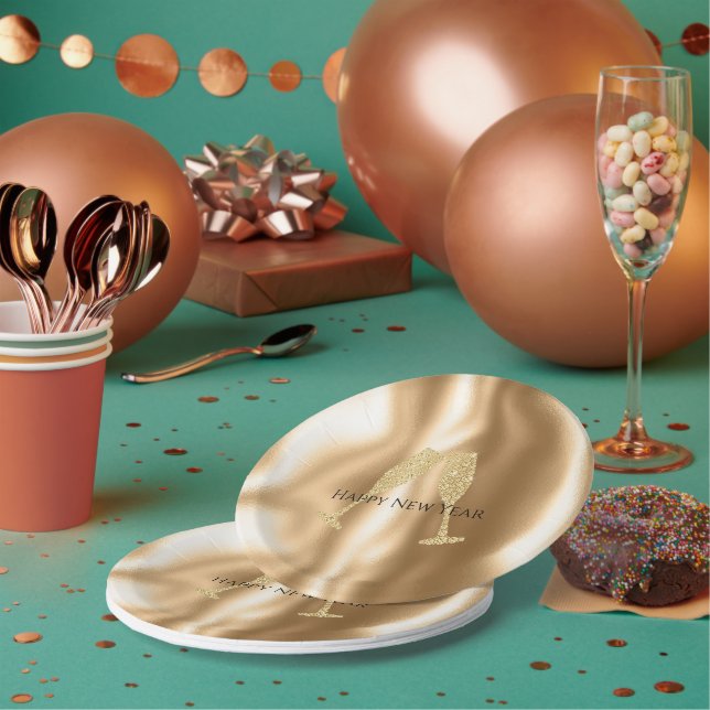 Gold Diamond Sparkle Champagne Glasses New Year's Pappteller (Multi)