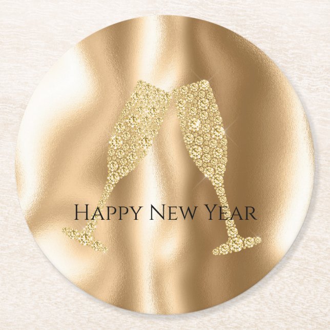 Gold Diamond Sparkle Champagne Glasses New Year's Runder Pappuntersetzer (Vorderseite)