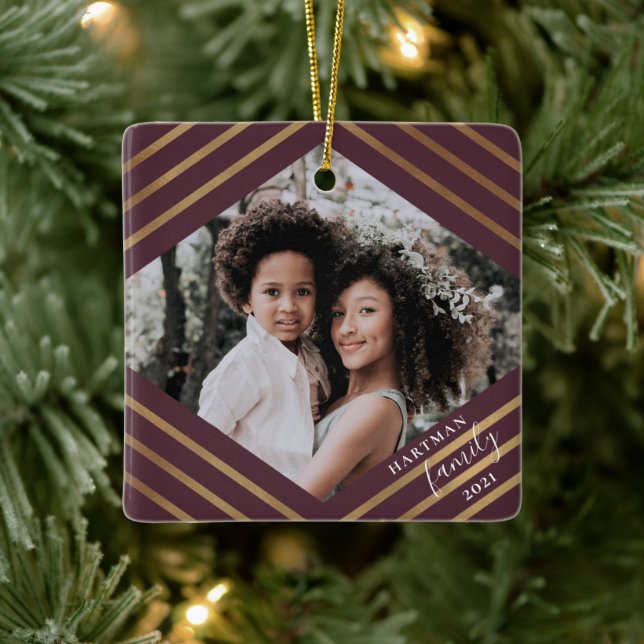 Gold Diamond Stripes Burgund 2 Foto Weihnachten Keramikornament (Baum)