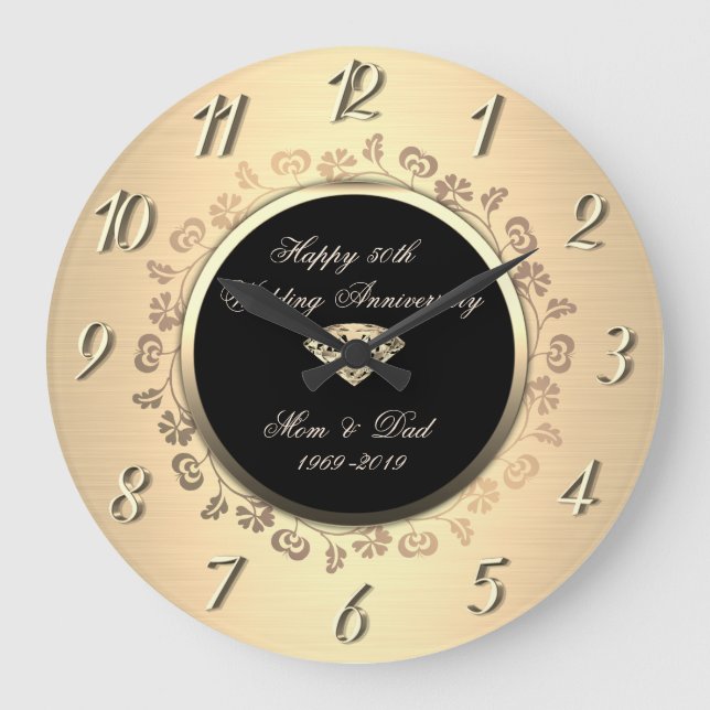 Gold Diamond Swirls 50th Wedding Anniversary Große Wanduhr (Vorderseite)