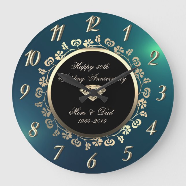 Gold Diamond Swirls, Green 50th Wedding Anniversar Große Wanduhr (Vorderseite)