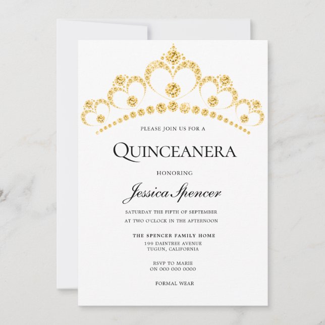Gold Diamond Tiara Quinceanera Invitation du parti (Devant)