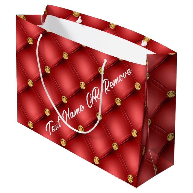 Gold Diamond Tufted Custom Text Red Gift Bag Große Geschenktüte (Rückseite Schrägansicht)