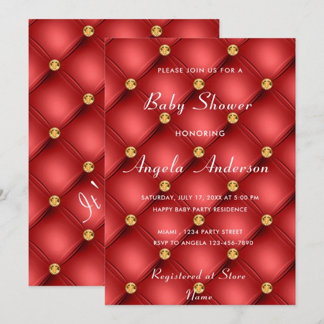 Gold Diamond Tufted Red Baby Boy Dusche Einladung (Vorne/Hinten)