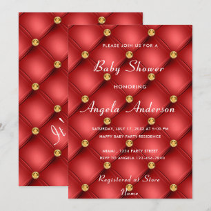 Gold Diamond Tufted Red Baby Boy Shower Invitation