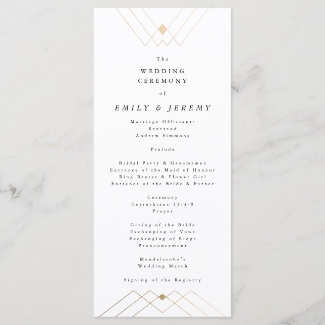 Gold Diamond White Geometric Deko Gatsby Wedding Programm (Vorderseite)