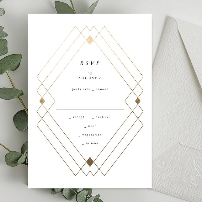 Gold Diamond White Geometric Deko Gatsby Wedding RSVP Karte (Von Creator hochgeladen)