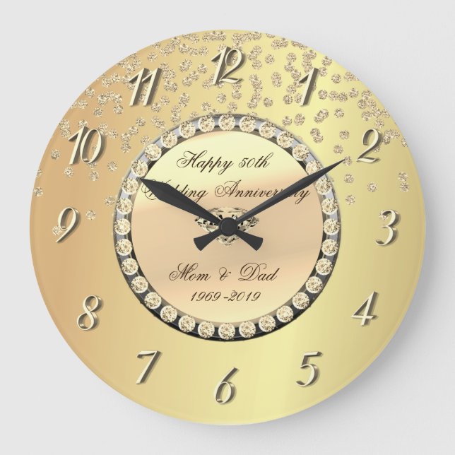 Gold Diamonds 25th Wedding Anniversary Große Wanduhr (Vorderseite)