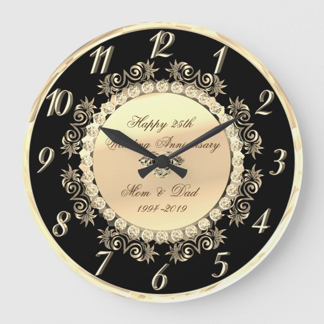 Gold Diamonds 25th Wedding Anniversary Große Wanduhr (Vorderseite)
