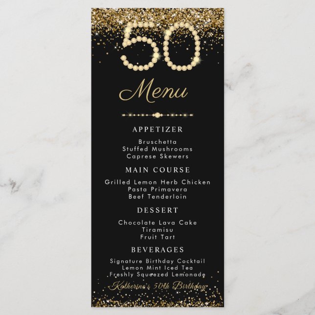 Gold Diamonds 50th Birthday Dinner Flat Menu (Devant)