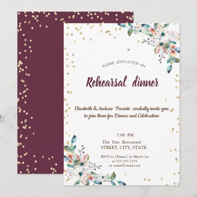 Gold Diamonds Blume Burgundy Probe Dinner Einladung (Vorne/Hinten)