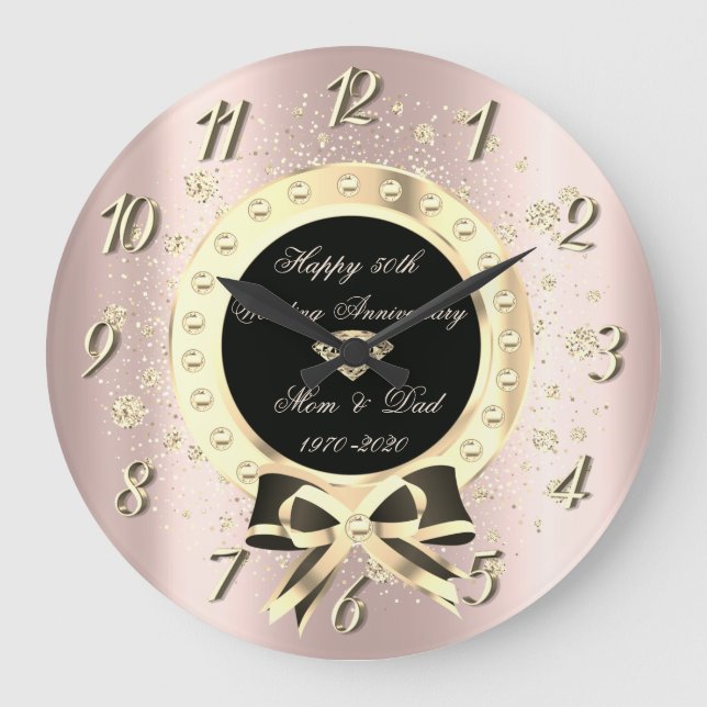 Gold Diamonds Bow Confetti Rose Gold Anniversary Große Wanduhr (Vorderseite)