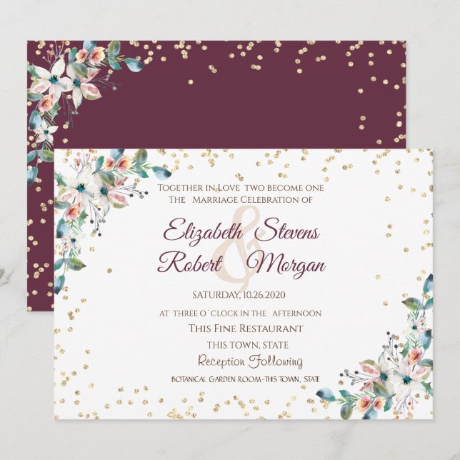 Gold Diamonds Burgundy Blume Hochzeit Einladung (Vorne/Hinten)