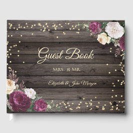 Gold Diamonds Burgundy Blume Wood Gästebuch