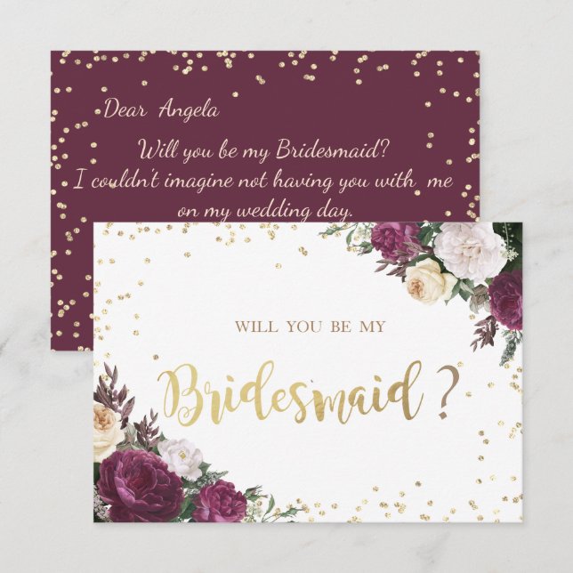 Gold Diamonds Burgundy Floral Bridesmaid Card Einladung (Vorne/Hinten)