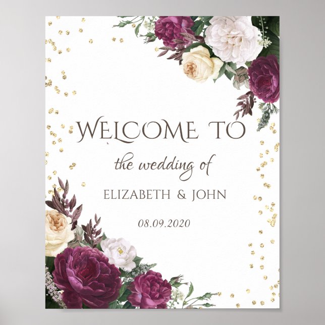 Gold Diamonds Burgundy Floral Save the Date Poster (Vorne)