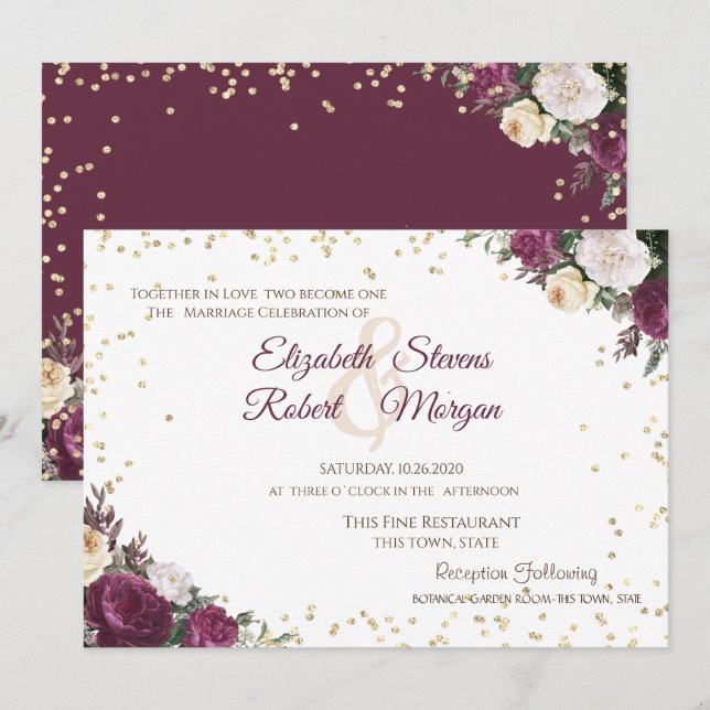 Gold Diamonds Burgundy Floral Wedding Einladung (Vorne/Hinten)
