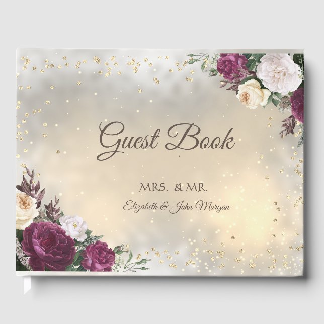 Gold Diamonds Burgundy Floral Wedding Gästebuch (Vorderseite)
