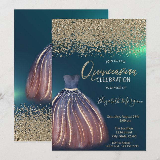 Gold Diamonds, Chic Dress Green Quinceañera Einladung (Vorne/Hinten)