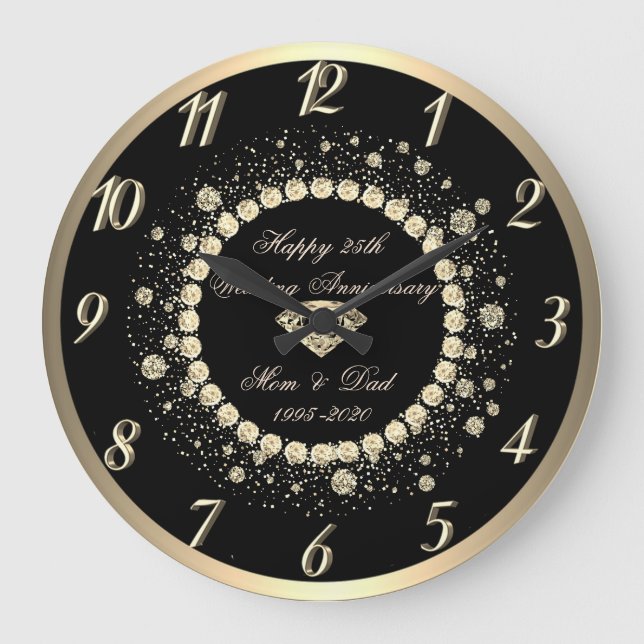 Gold Diamonds Dots Black 25. Hochzeit Große Wanduhr (Vorderseite)