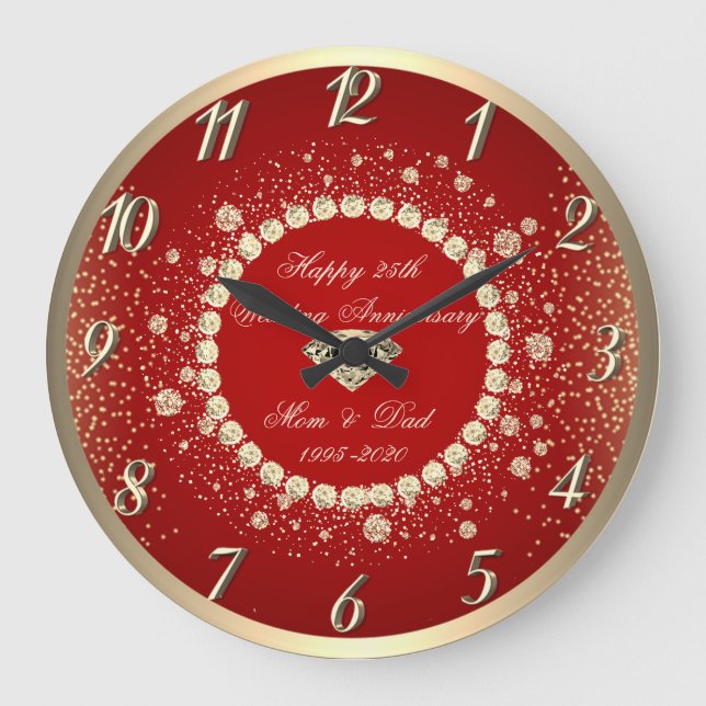 Gold Diamonds Dots Red 25th Wedding Anniversary Große Wanduhr (Vorderseite)