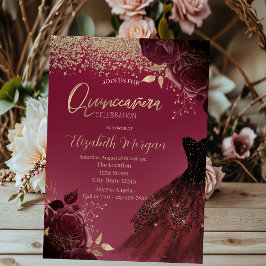 Gold Diamonds, Dress, Burgund Rose Quinceanera Einladung
