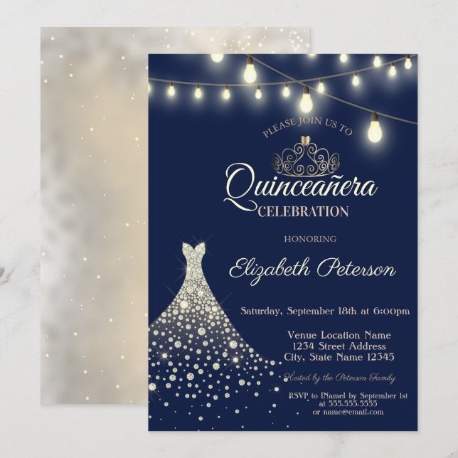 Gold Diamonds Dress Quinceañera Einladung (Vorne/Hinten)