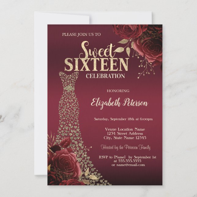 Gold Diamonds Dress Red Roses Sweet 16  Einladung (Vorderseite)