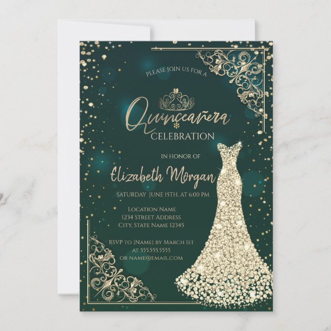 Gold Diamonds Dress Tiara Green Quinceañera Einladung (Vorderseite)