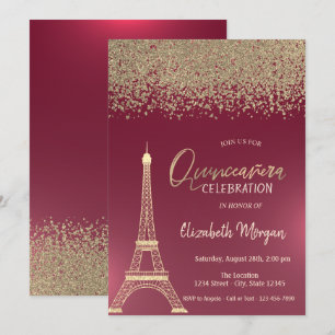 Gold Diamonds, Eiffelturm Red Quinceanera Einladung