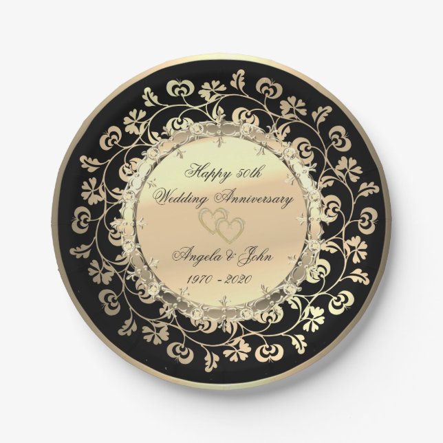 Gold Diamonds Floral 50. Wedding Anniversar Pappteller (Vorderseite)