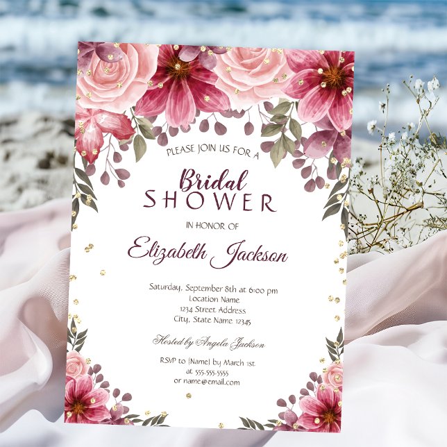 Gold Diamonds Floral Burgundy Brautparty Einladung (Von Creator hochgeladen)