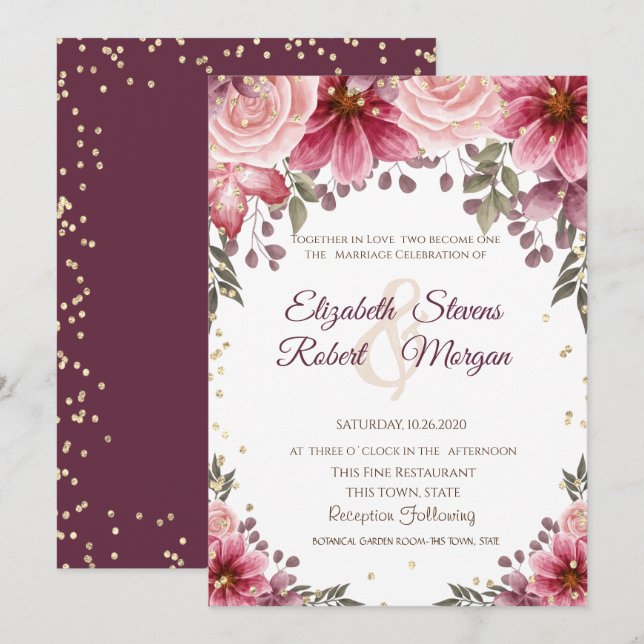 Gold Diamonds Floral Burgundy Hochzeitseinladung Einladung (Vorne/Hinten)