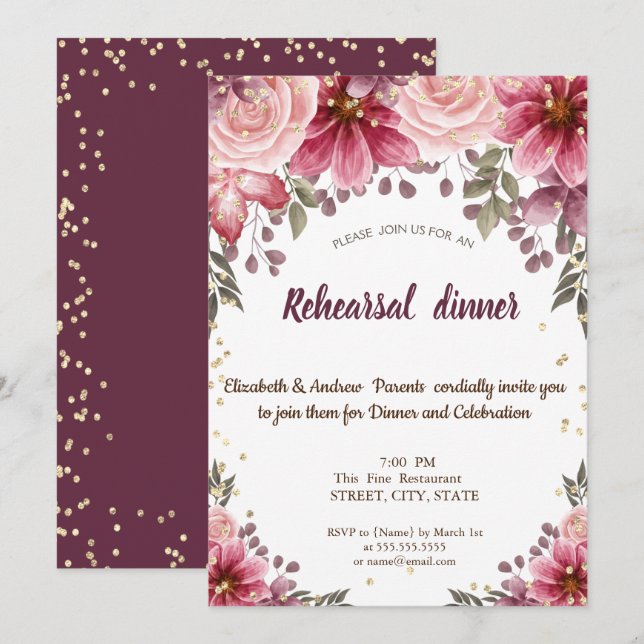 Gold Diamonds Floral Burgundy Probe Dinner Einladung (Vorne/Hinten)