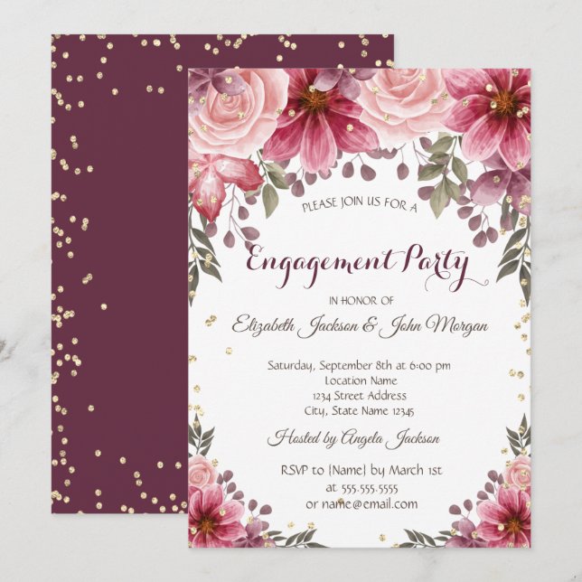 Gold Diamonds Floral Burgundy Verlobung Einladung (Vorne/Hinten)