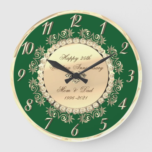 Gold Diamonds Green 25. Hochzeit Große Wanduhr (Vorderseite)