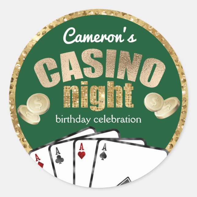 Gold Diamonds Green Casino Night Party Runder Aufkleber (Vorderseite)